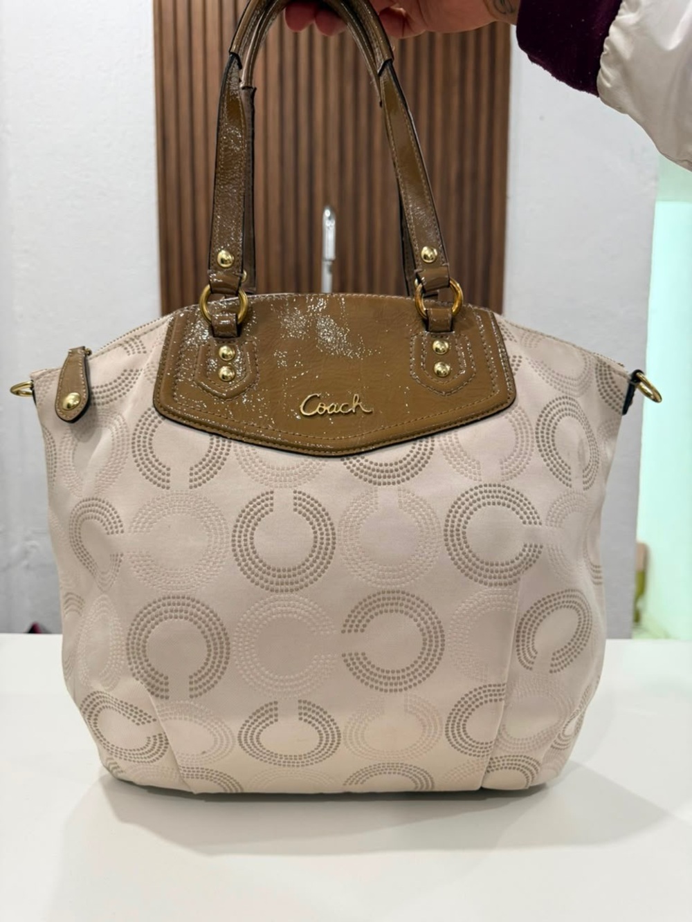 Coach Ashley Dotted Op Art Satchel Patent Leather Cream And Green Purse #F25183